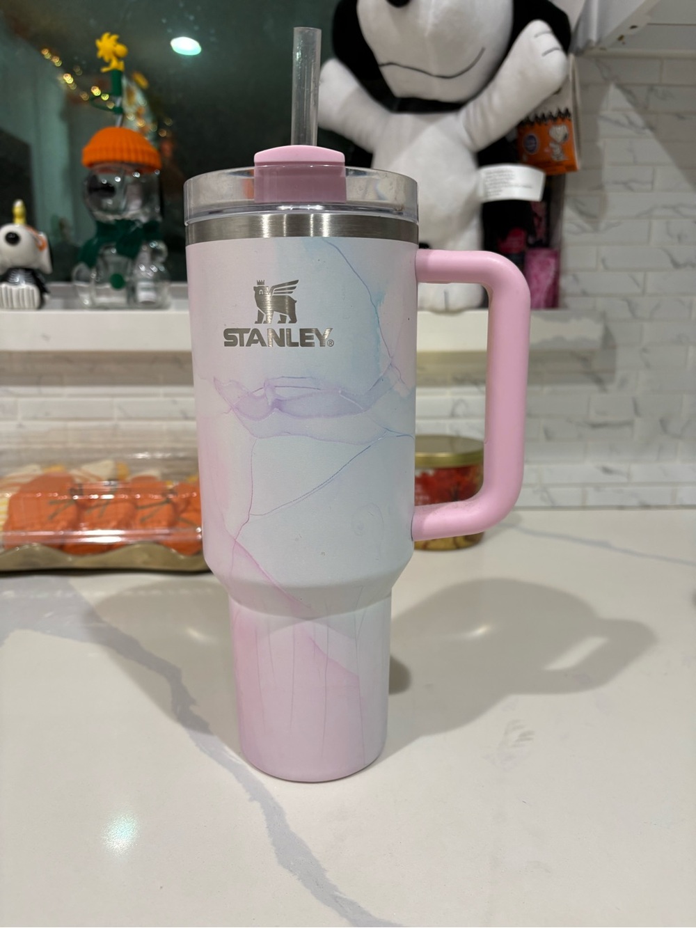 Stanley Pink Marble Travel Mug with Handle